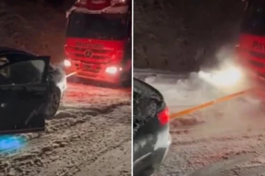DALI MU NADIMAK "HEROJ BEZ PLAŠTA": Vozač kamiona nije mogao da nastavi put zbog snega, ali stigla je NEOČEKIVANA POMOĆ - O ovom snimku danas svi pričaju! (VIDEO)