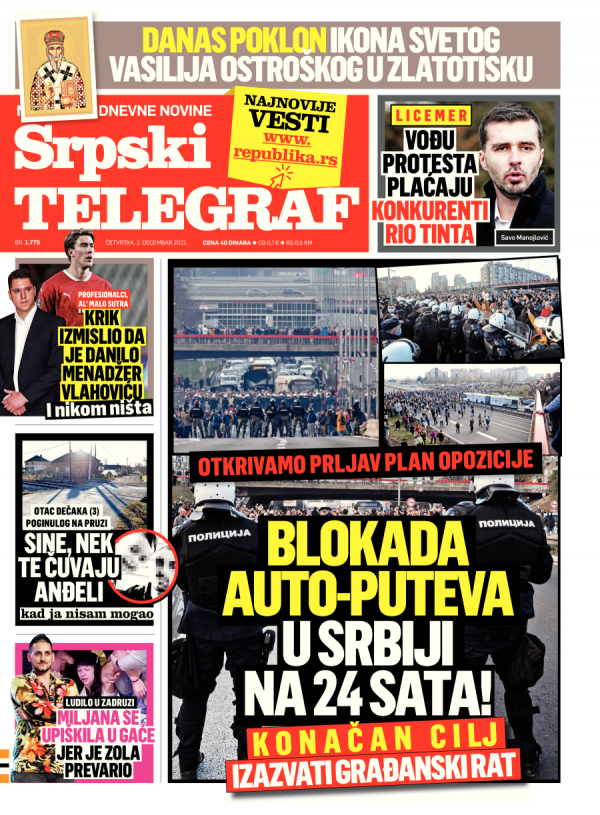 Republika | Naslovna Strana Srpskog Telegrafa Za 02.12.2021.