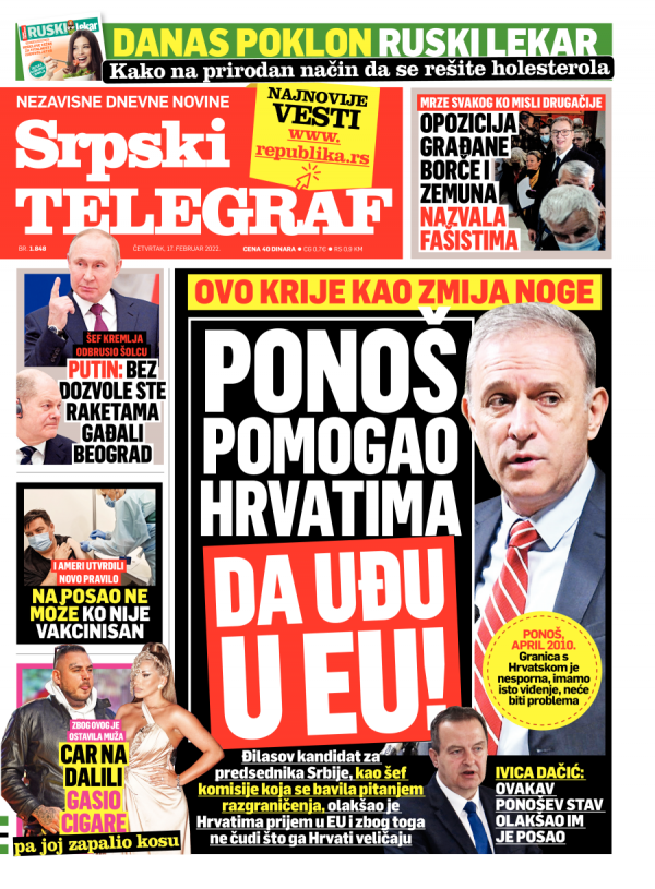 Republika | Naslovna Strana Srpskog Telegrafa Za 17.02.2022.