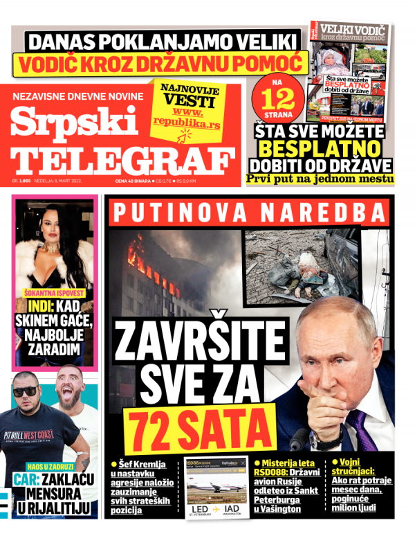 Republika | Naslovna Strana Srpskog Telegrafa Za 06.03.2022.