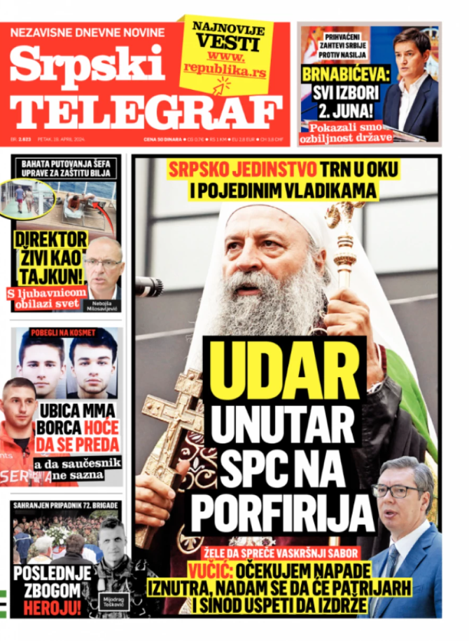 Naslovna strana Srpskog telegrafa za 19.04.2024.